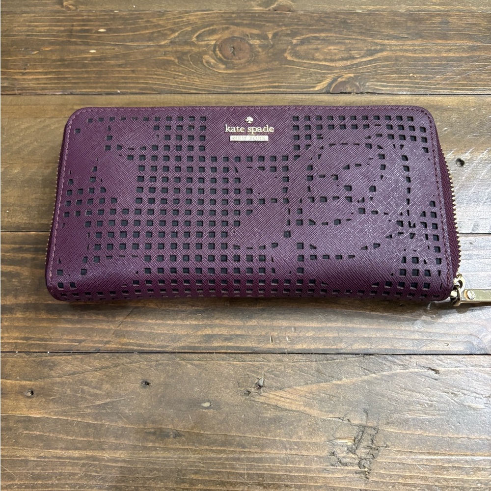Kate Spade Cameron Street Perforated Rose Lacey Wallet in Deep Plum